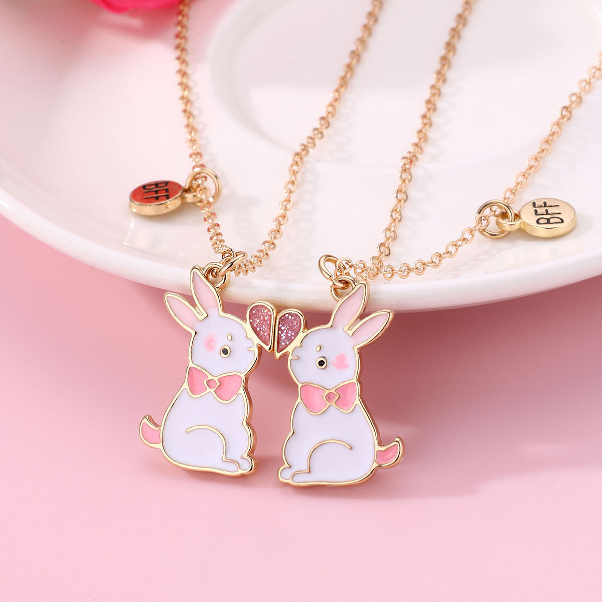 BFF Bunny Friendship Necklaces for Girls – Cute Pink Rabbit Pendant Matching Jewelry Set