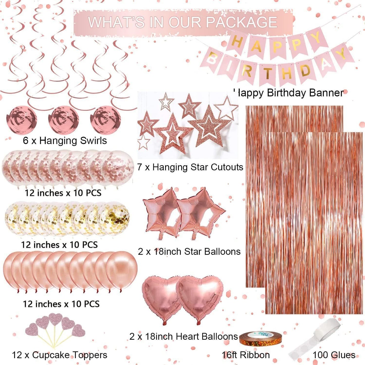 Rose Gold Birthday Party Decoration Set – Balloons, Banner, Hanging Swirls, Cake Toppers & Backdrop