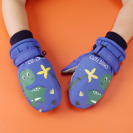 Cute Dino Kids Winter Mittens – Waterproof, Windproof, Warm Fleece Gloves for Toddlers & Children