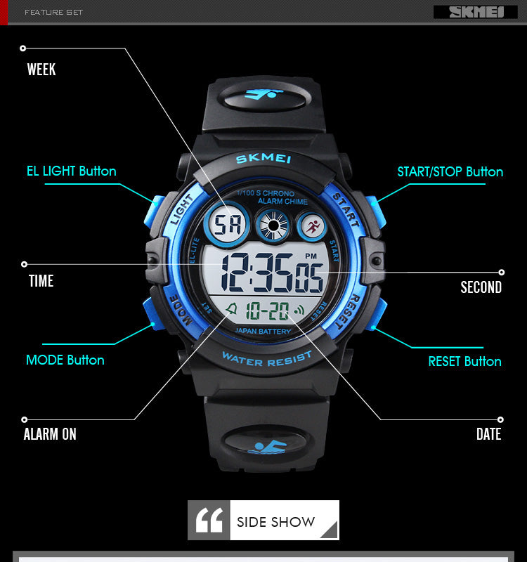 Boys Digital Sport Watch – Waterproof, LED Backlight, Stopwatch, Alarm, Fashion PU Strap (Ages 6+) (Copy)
