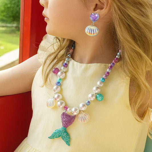Kids Mermaid Jewelry Set | Necklace, Bracelet, Earrings & Ring | Princess Dress-Up Gift for Girls