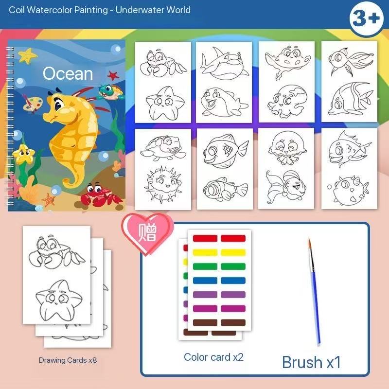 Kids Watercolor Painting Book Set – 8 Themes (Animals, Vehicles, Space & More) | 8 Drawing Cards + 2 Color Cards + 1 Brush | Ages 3+ Travel Art Kit