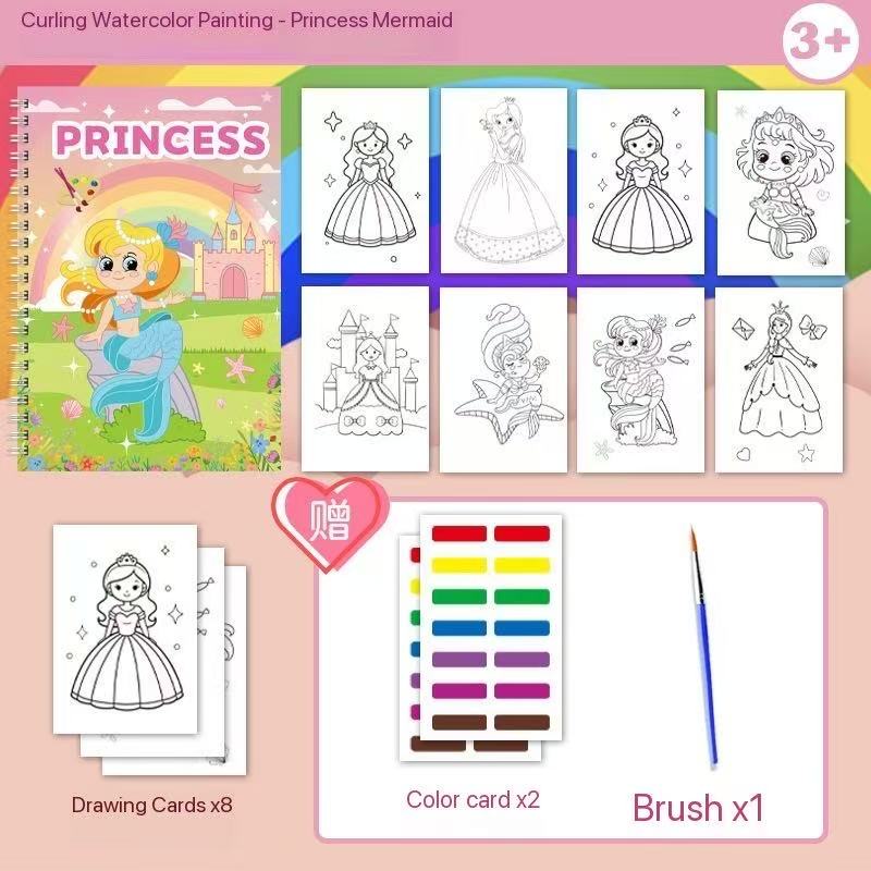 Kids Watercolor Painting Book Set – 8 Themes (Animals, Vehicles, Space & More) | 8 Drawing Cards + 2 Color Cards + 1 Brush | Ages 3+ Travel Art Kit