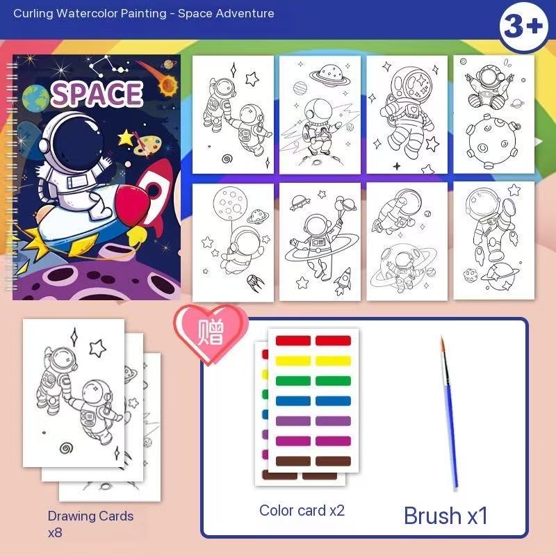 Kids Watercolor Painting Book Set – 8 Themes (Animals, Vehicles, Space & More) | 8 Drawing Cards + 2 Color Cards + 1 Brush | Ages 3+ Travel Art Kit