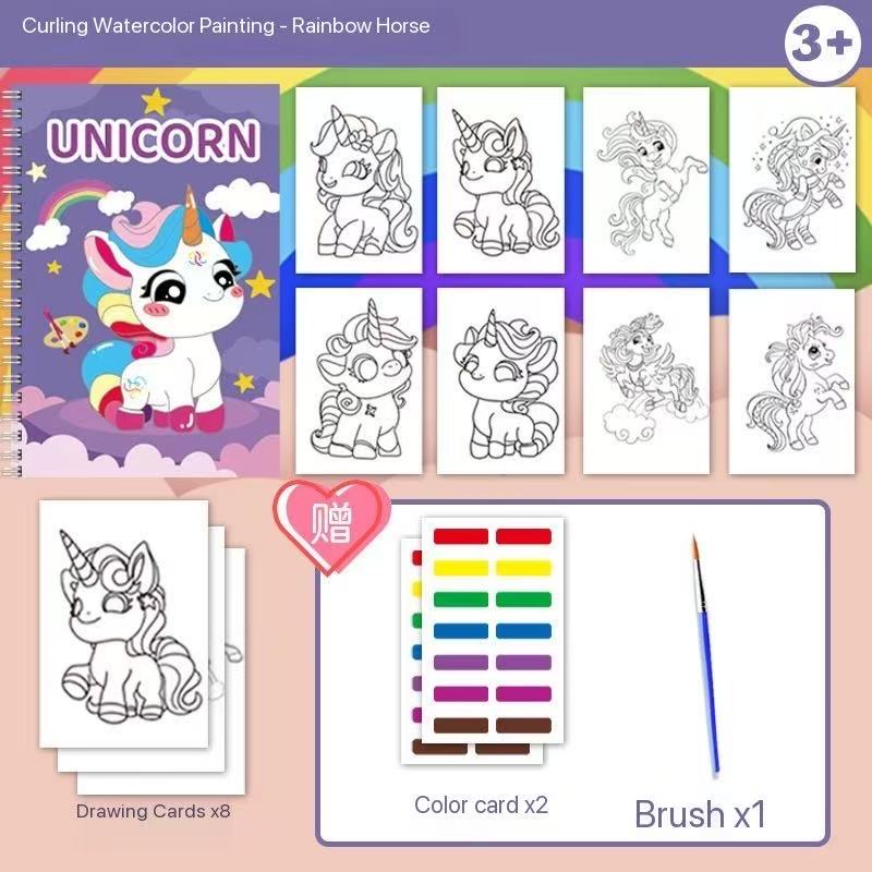 Kids Watercolor Painting Book Set – 8 Themes (Animals, Vehicles, Space & More) | 8 Drawing Cards + 2 Color Cards + 1 Brush | Ages 3+ Travel Art Kit