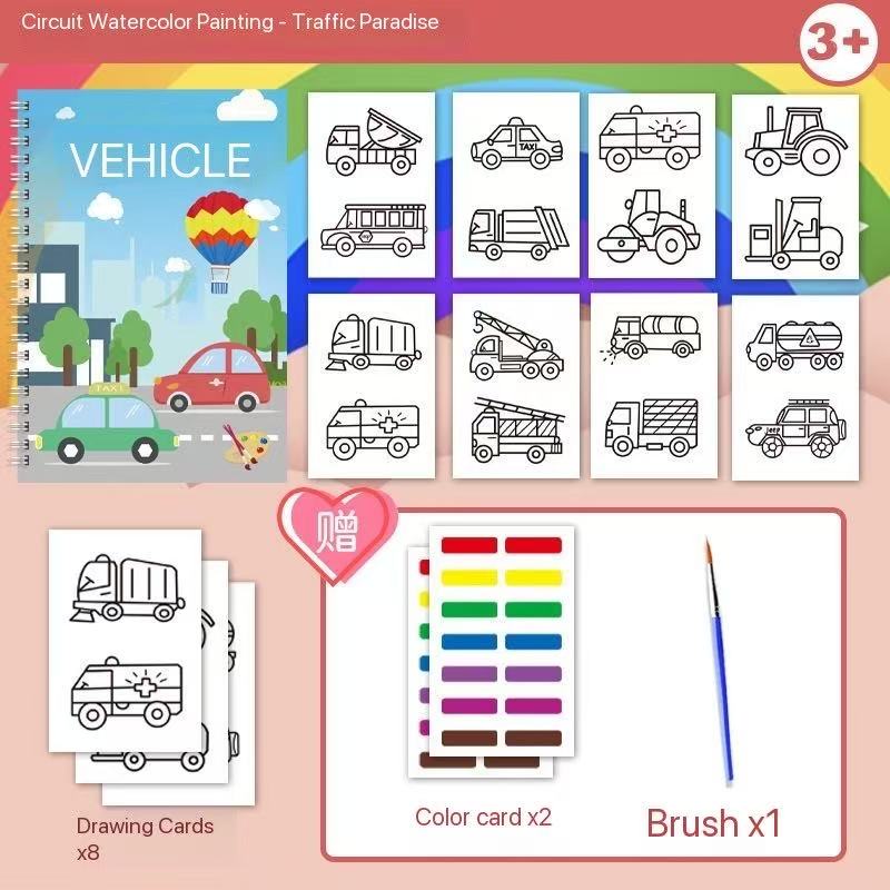 Kids Watercolor Painting Book Set – 8 Themes (Animals, Vehicles, Space & More) | 8 Drawing Cards + 2 Color Cards + 1 Brush | Ages 3+ Travel Art Kit
