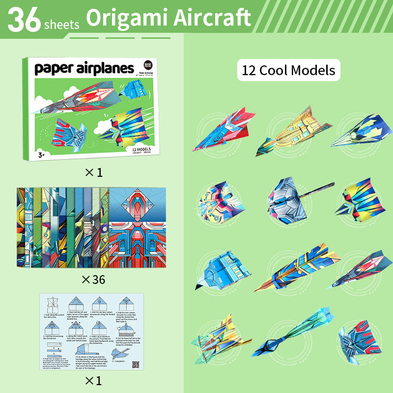 3D Origami Paper Airplane Kit for Kids – 36 Sheets, 12 Models, DIY Folding Craft Toy