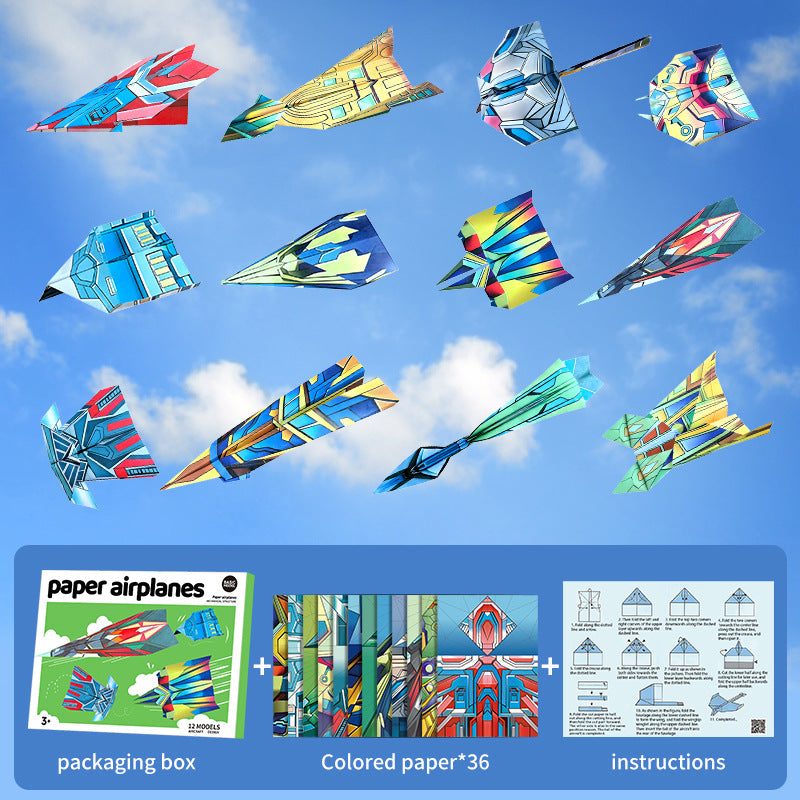 3D Origami Paper Airplane Kit for Kids – 36 Sheets, 12 Models, DIY Folding Craft Toy