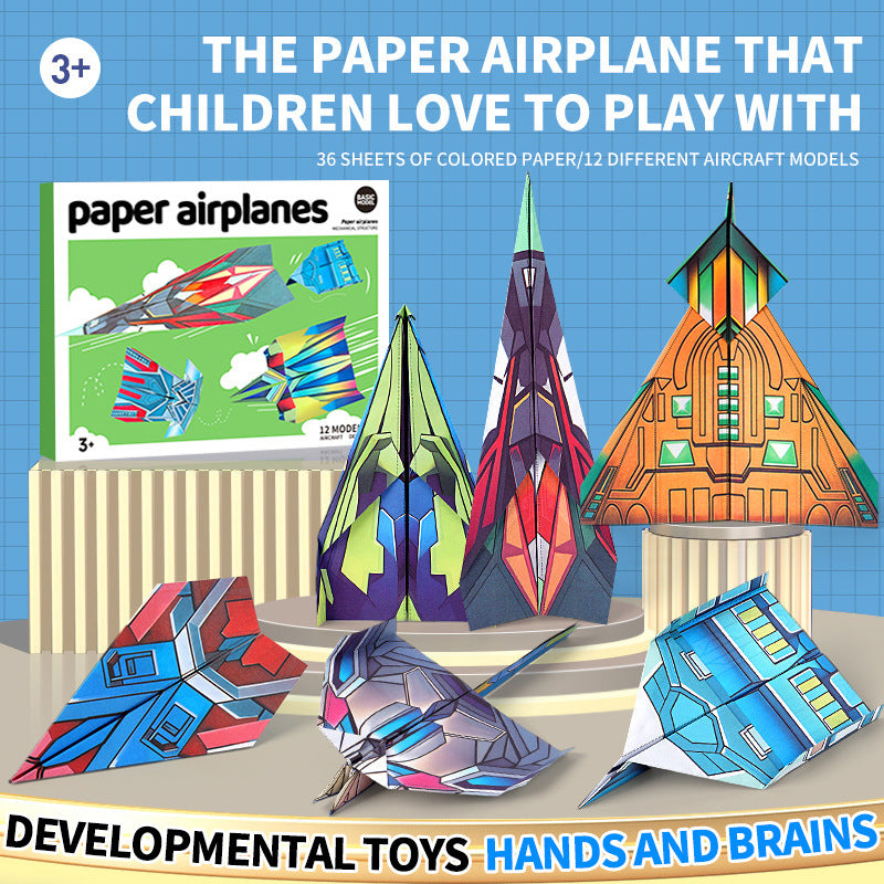 3D Origami Paper Airplane Kit for Kids – 36 Sheets, 12 Models, DIY Folding Craft Toy