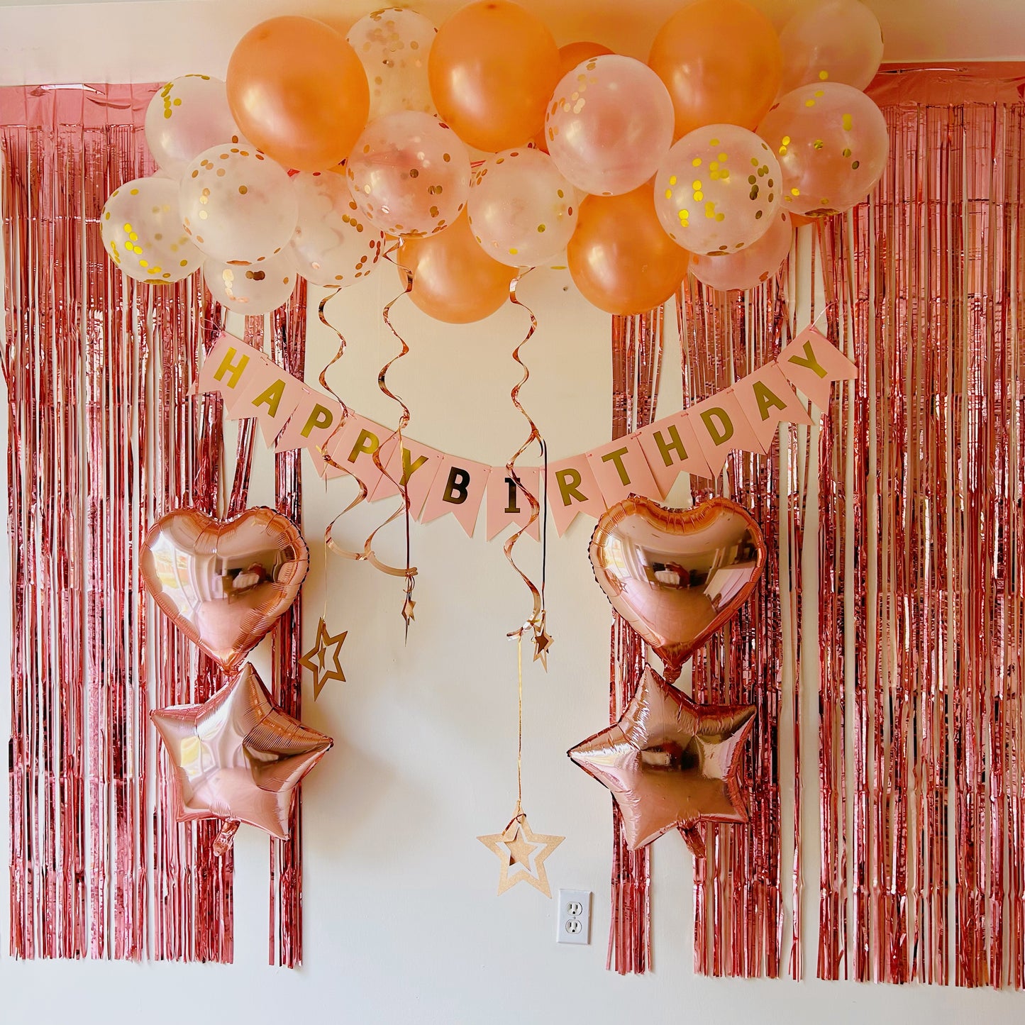 Rose Gold Birthday Party Decoration Set – Balloons, Banner, Hanging Swirls, Cake Toppers & Backdrop
