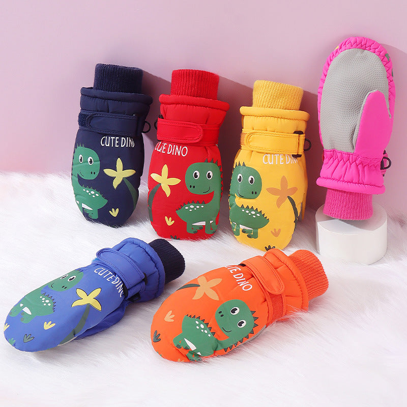 Cute Dino Kids Winter Mittens – Waterproof, Windproof, Warm Fleece Gloves for Toddlers & Children