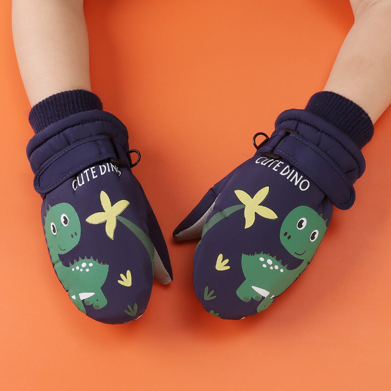 Cute Dino Kids Winter Mittens – Waterproof, Windproof, Warm Fleece Gloves for Toddlers & Children