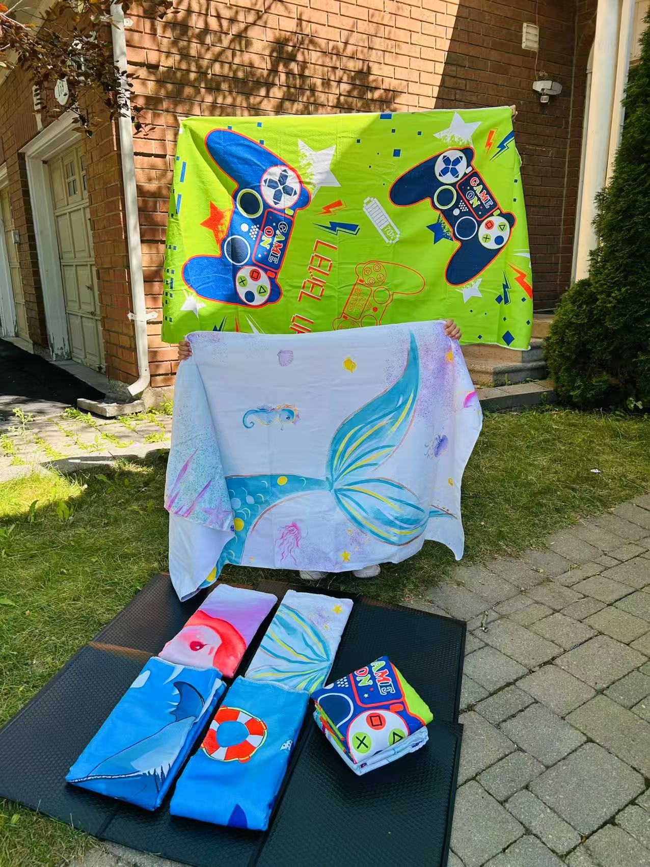 Kids cartoon beach towel set, 6 designs including mermaid, shark, game controller, ice cream, microfiber swim and bath towel for kids in Canada.