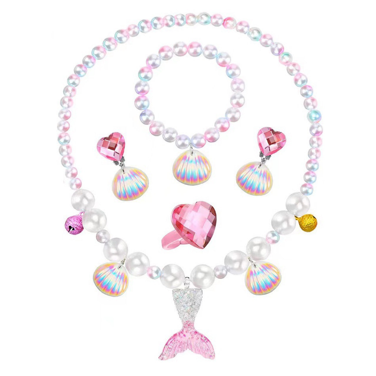 Kids Mermaid Jewelry Set | Necklace, Bracelet, Earrings & Ring | Princess Dress-Up Gift for Girls
