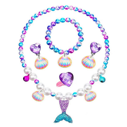 Kids Mermaid Jewelry Set | Necklace, Bracelet, Earrings & Ring | Princess Dress-Up Gift for Girls