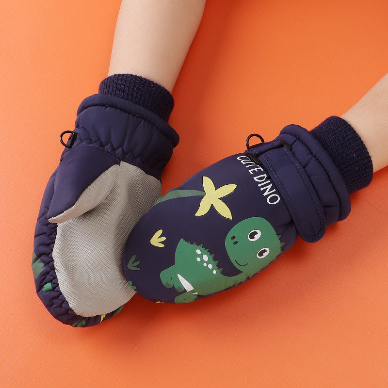 Cute Dino Kids Winter Mittens – Waterproof, Windproof, Warm Fleece Gloves for Toddlers & Children