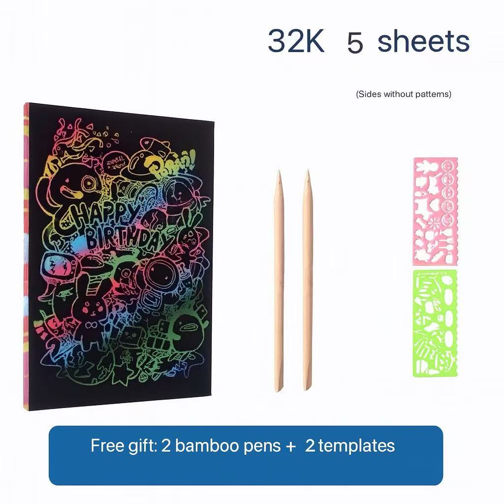 Kids Scratch Art Paper Set | Rainbow Scratch Pads with Bamboo Pens & Stencils | Creative Drawing Kit