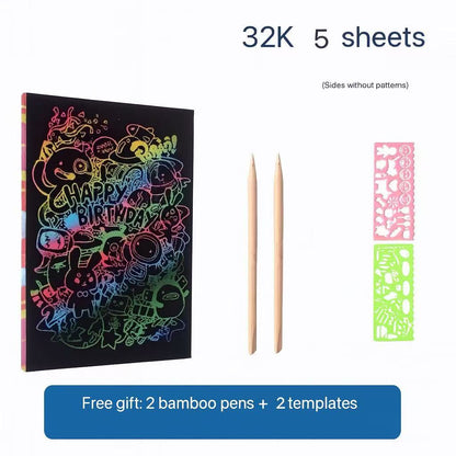 Kids Scratch Art Paper Set | Rainbow Scratch Pads with Bamboo Pens & Stencils | Creative Drawing Kit