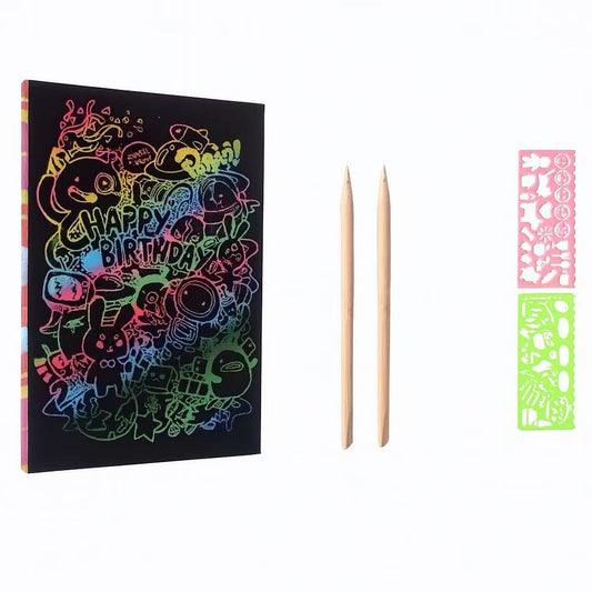 Kids Scratch Art Paper Set | Rainbow Scratch Pads with Bamboo Pens & Stencils | Creative Drawing Kit