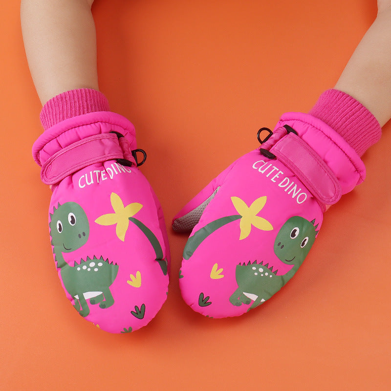 Cute Dino Kids Winter Mittens – Waterproof, Windproof, Warm Fleece Gloves for Toddlers & Children