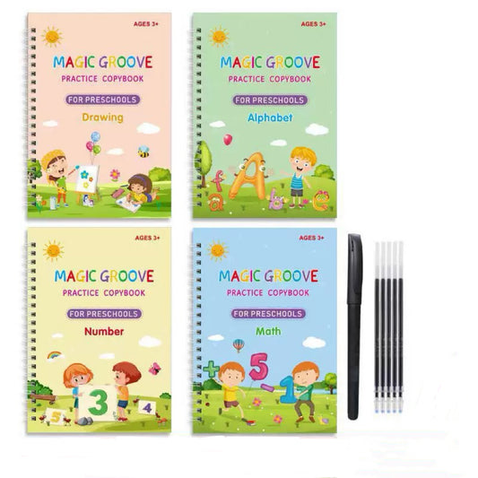 Magic Groove Reusable Handwriting Practice Copybook Set (4 Books with Pen and Refills)