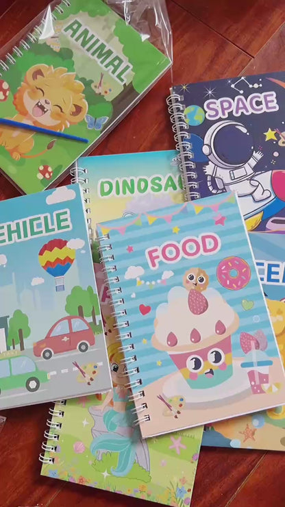 Kids Watercolor Painting Book Set – 8 Themes (Animals, Vehicles, Space & More) | 8 Drawing Cards + 2 Color Cards + 1 Brush | Ages 3+ Travel Art Kit