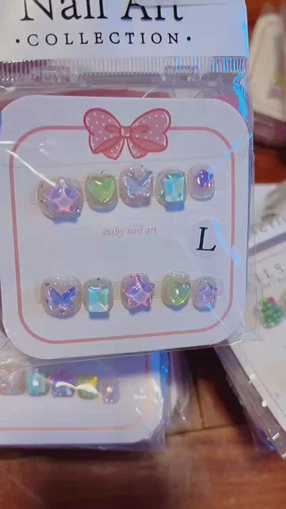 Handmade Kids Press-On Nails Gift Box | 3D Cartoon & Crystal Designs | Full Nail Kit for Girls