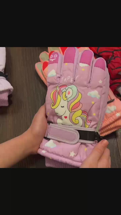 Girls Winter Ski Gloves Unicorn & Astronaut Pink Purple