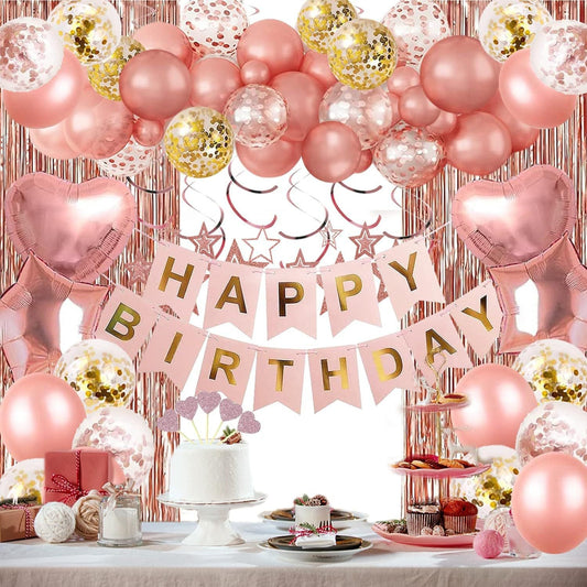 Rose Gold Birthday Party Decoration Set – Balloons, Banner, Hanging Swirls, Cake Toppers & Backdrop